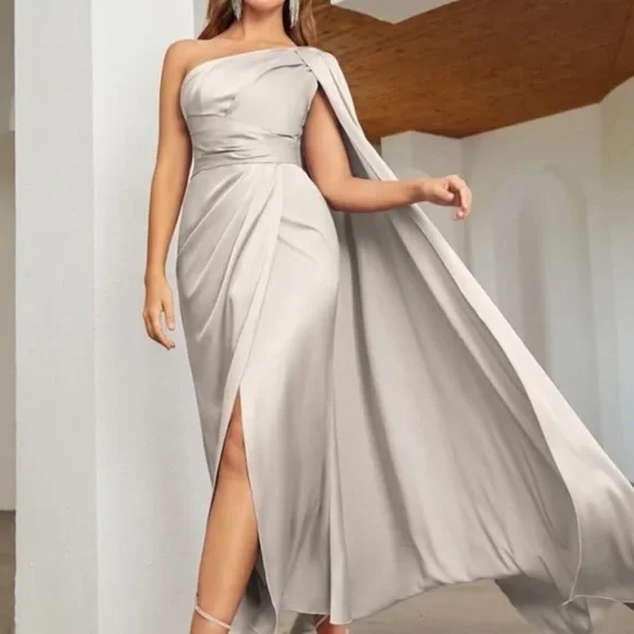 Luxe Pink One shoulder Party Formal Evening Prom Satin Wedding dre… - Picture 4 of 16